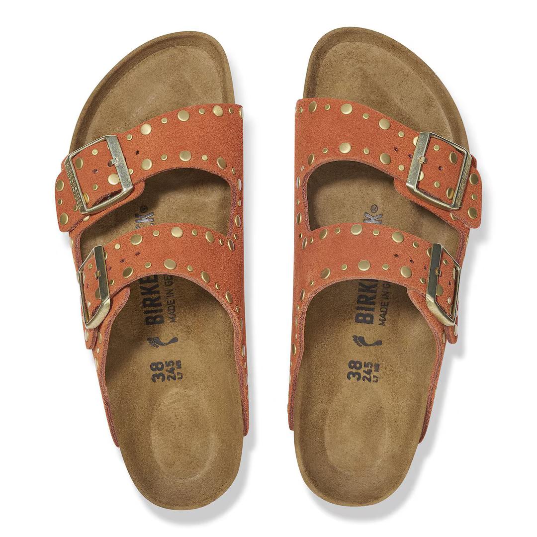 Birkenstock ciabatte donna due fasce in suede color ruggine con rivetti