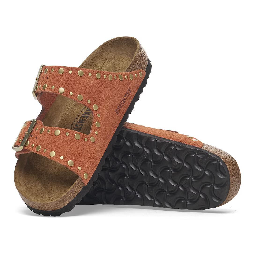 Birkenstock ciabatte donna due fasce in suede color ruggine con rivetti