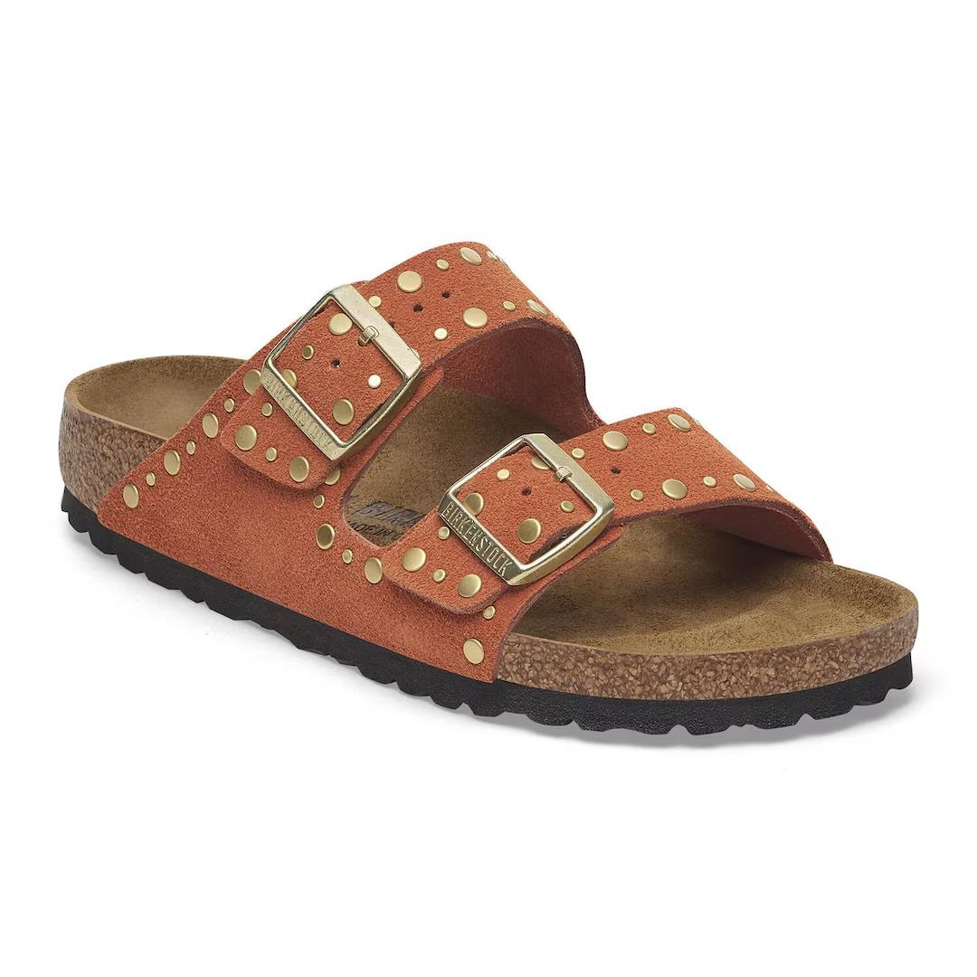 Birkenstock ciabatte donna due fasce in suede color ruggine con rivetti
