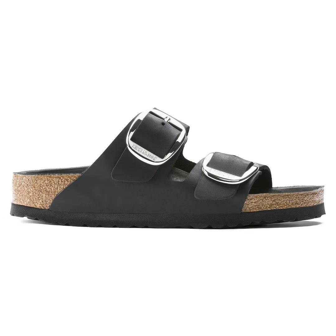 Birkenstock ciabatta donna due fasce in pelle oliata nera con fibbie argento