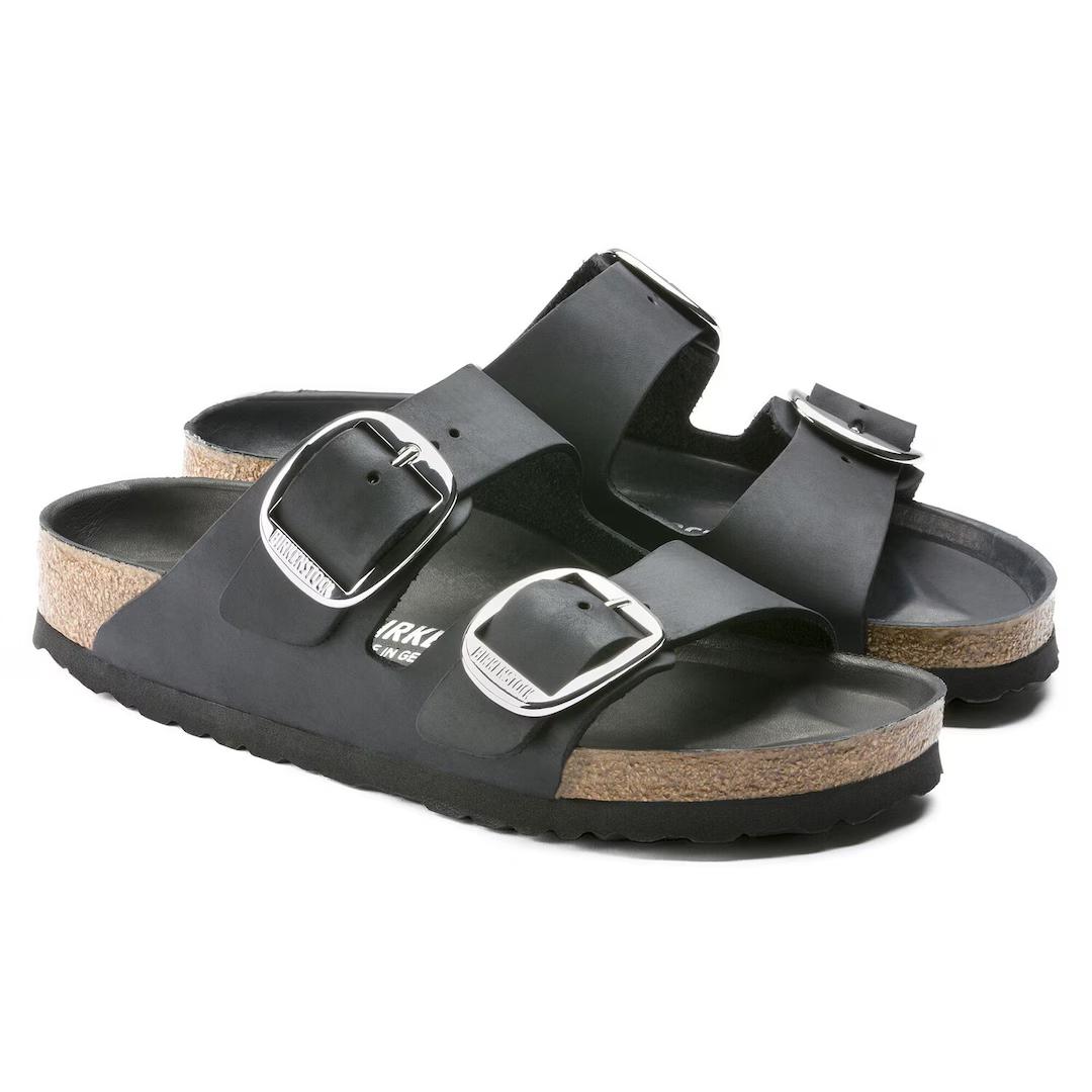 Birkenstock ciabatta donna due fasce in pelle oliata nera con fibbie argento