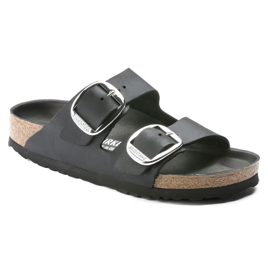 Birkenstock ciabatta donna due fasce in pelle oliata nera con fibbie argento