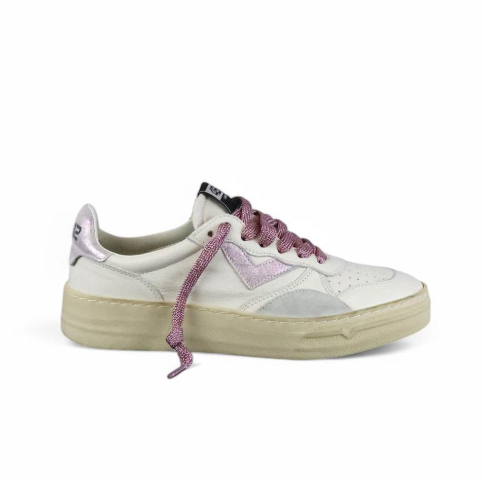 4B12 sneaker donna in pelle bianco e lilla con lacci in lurex