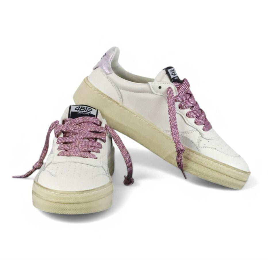 4B12 sneaker donna in pelle bianco e lilla con lacci in lurex