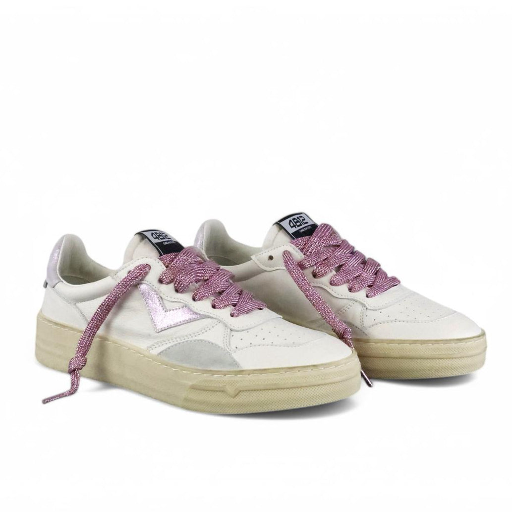 4B12 sneaker donna in pelle bianco e lilla con lacci in lurex