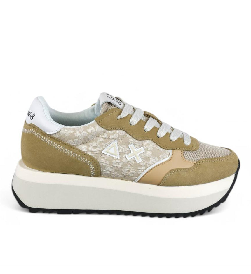 SUN68 sneaker donna in tela stampa fiori e suede camel