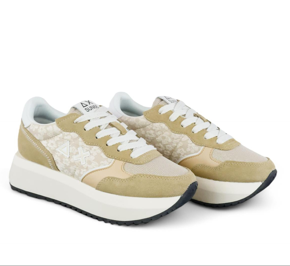 SUN68 sneaker donna in tela stampa fiori e suede camel
