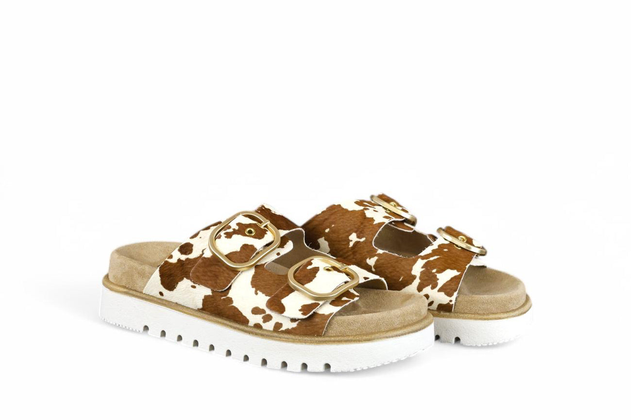 INUOVO ciabatta donna con doppia fascia e fibbie in cavallino cuoio e beige