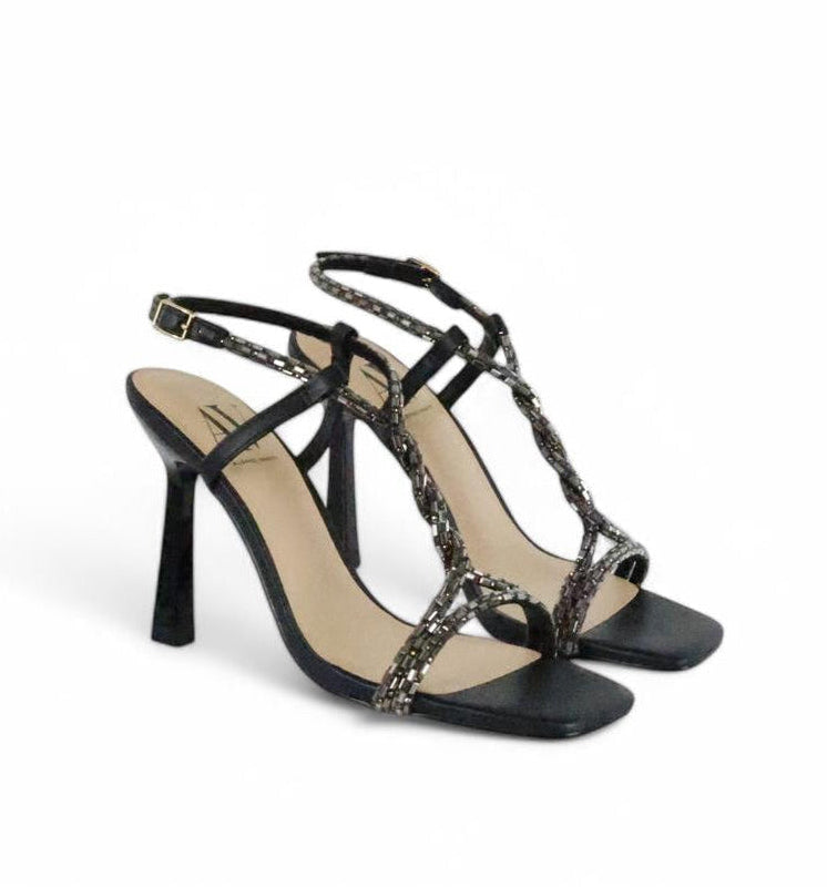 Albano Vanity sandalo donna nero con laccetti intrecciati di specchietti e strass