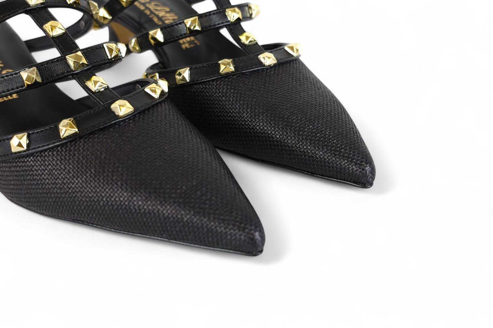 Bottega Lotti mules donna in rafia ed ecopelle nero e dettagli borchie oro