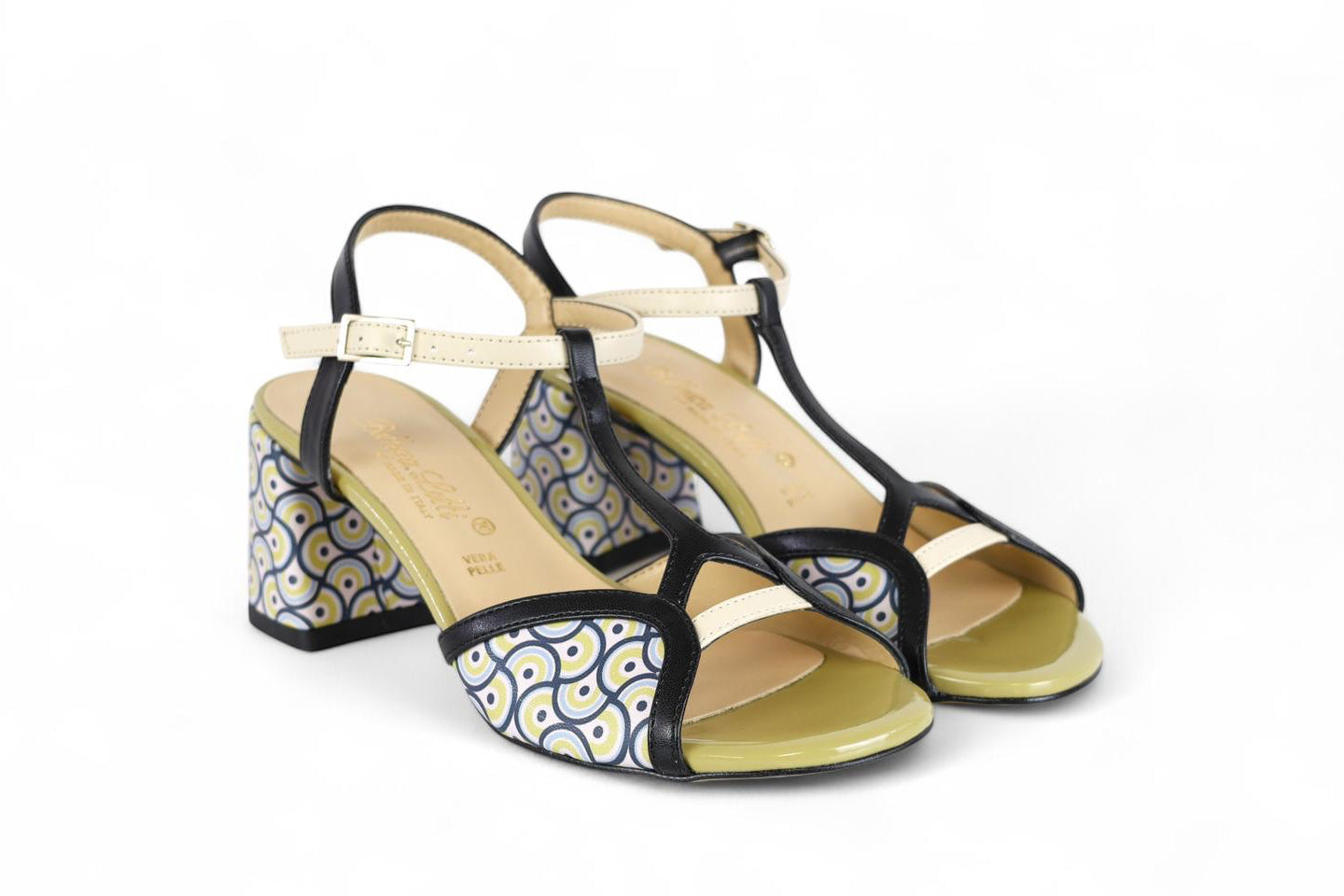 Bottega Lotti sandalo in ecopelle nero e beige con inserti fantasia