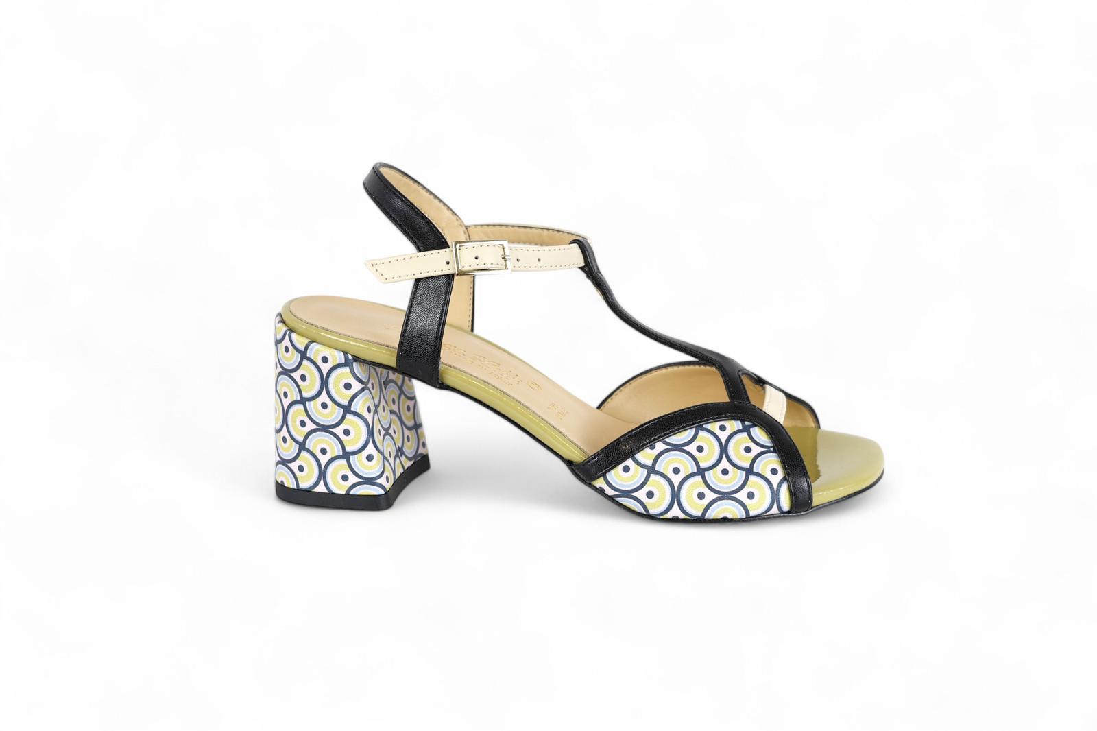Bottega Lotti sandalo in ecopelle nero e beige con inserti fantasia