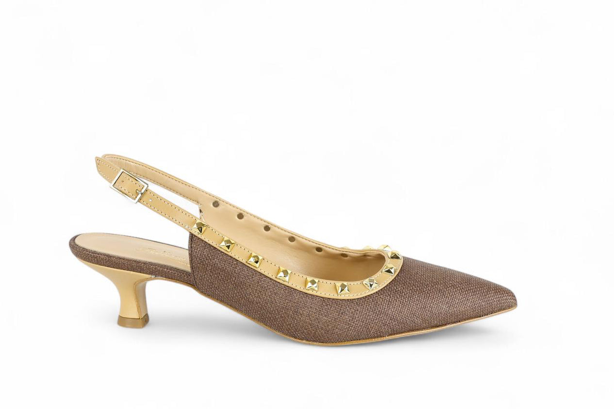 Bottega Lotti chanel in rafia ed ecopelle marrone con dettagli borchie oro