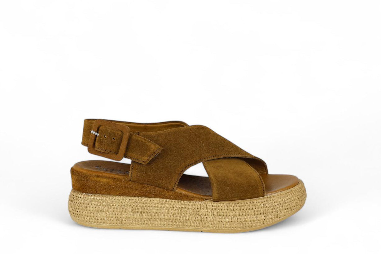 Creative sandalo donna con zeppa e fasce incrociate in suede cuoio