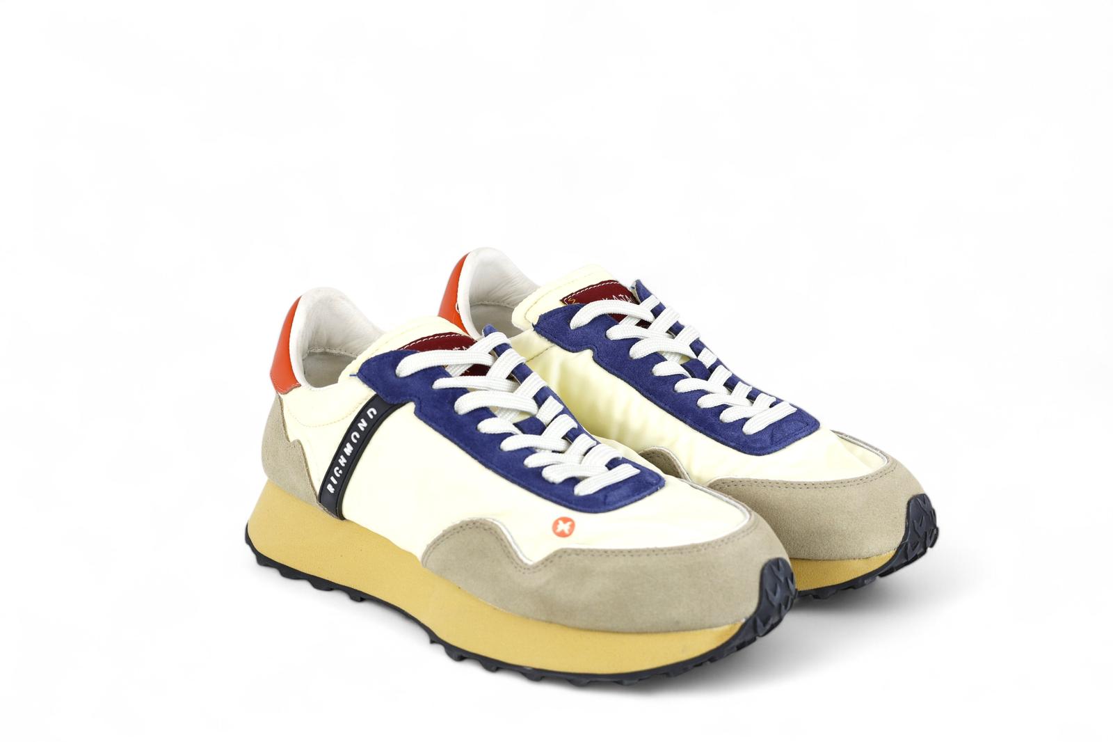John Richmond sneaker uomo in suede e nylon avorio e blu con gonfietto arancio