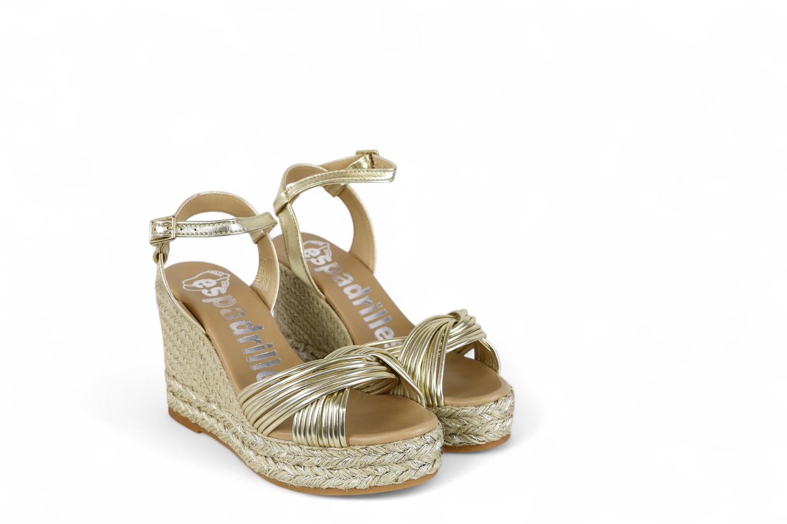 Espadrilles sandalo con zeppa in corda con laccini laminati oro