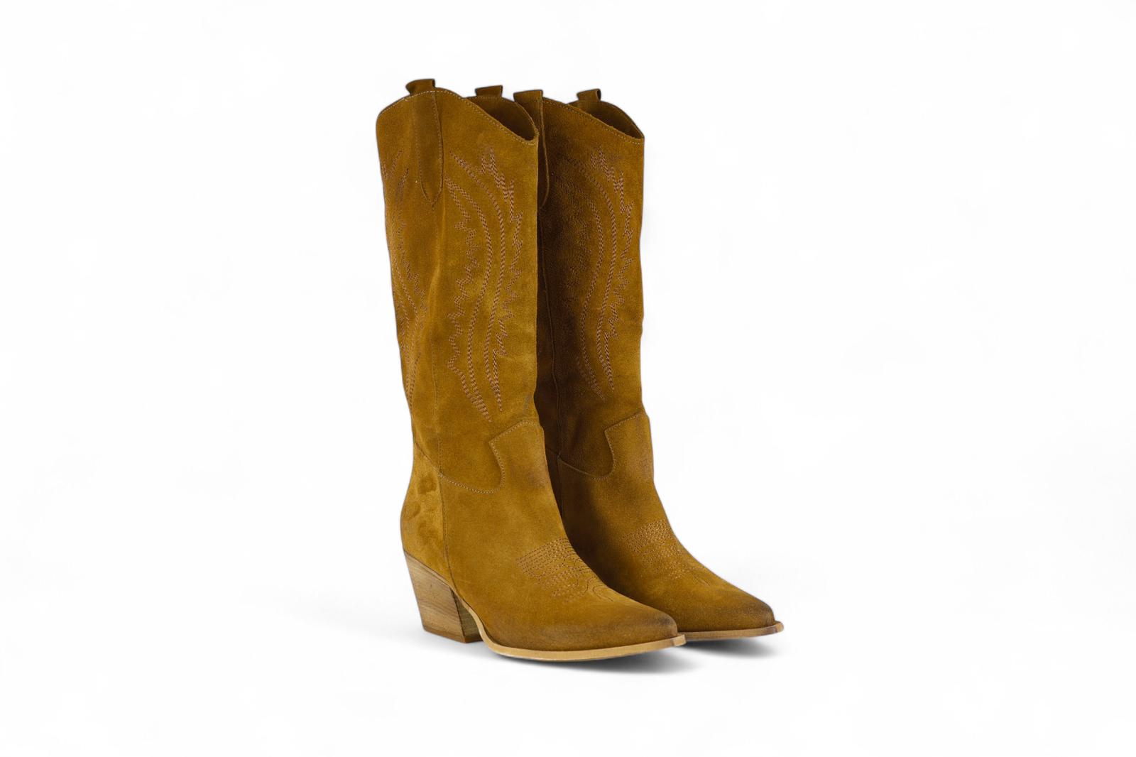 Via Mondana texano con tacco donna in suede cuoio con ricami