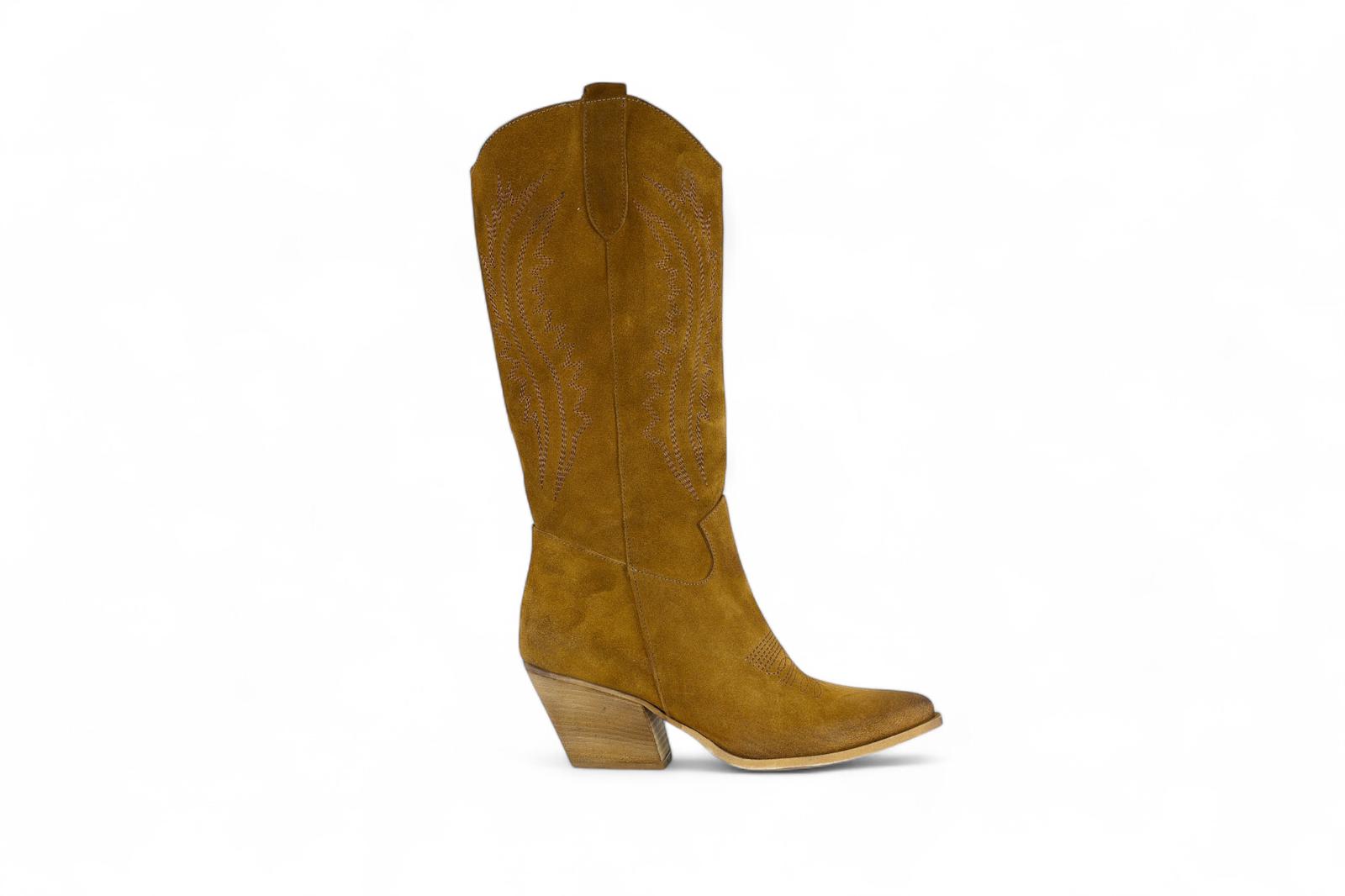 Via Mondana texano con tacco donna in suede cuoio con ricami