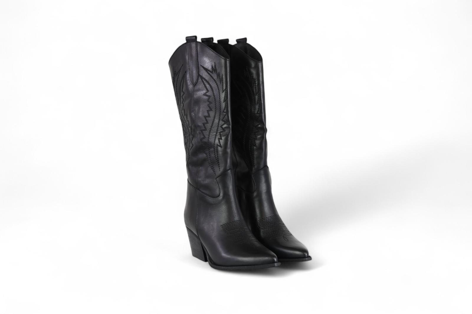Via Mondana texano con tacco donna in pelle nero con ricami