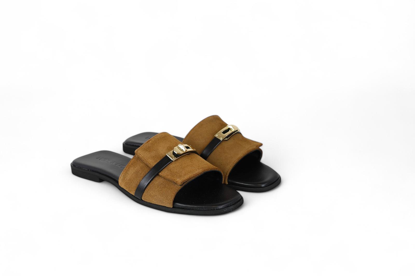 Mosaic ciabatta donna in suede cuoio con fibbia Kelly