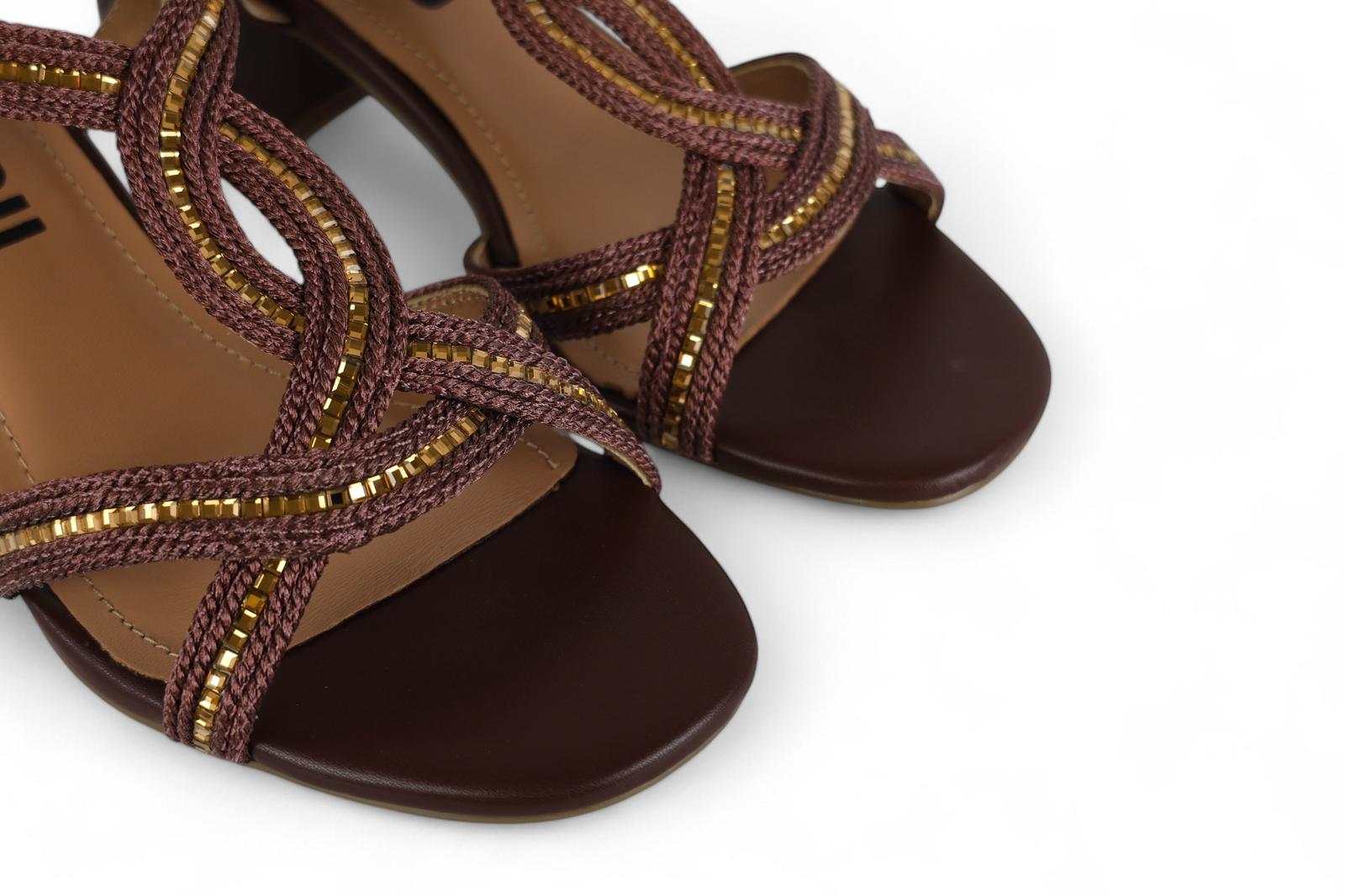 Bibi Lou sandalo donna con tacco in corda marrone e strass oro