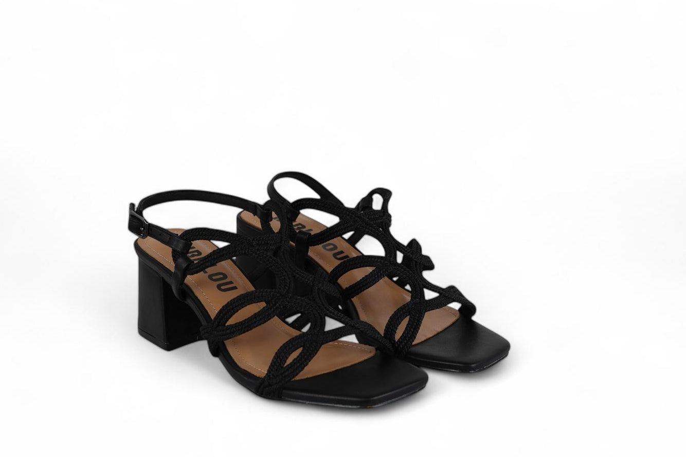 Bibi Lou sandalo donna con tacco in ecopelle e tessuto intrecciato nero