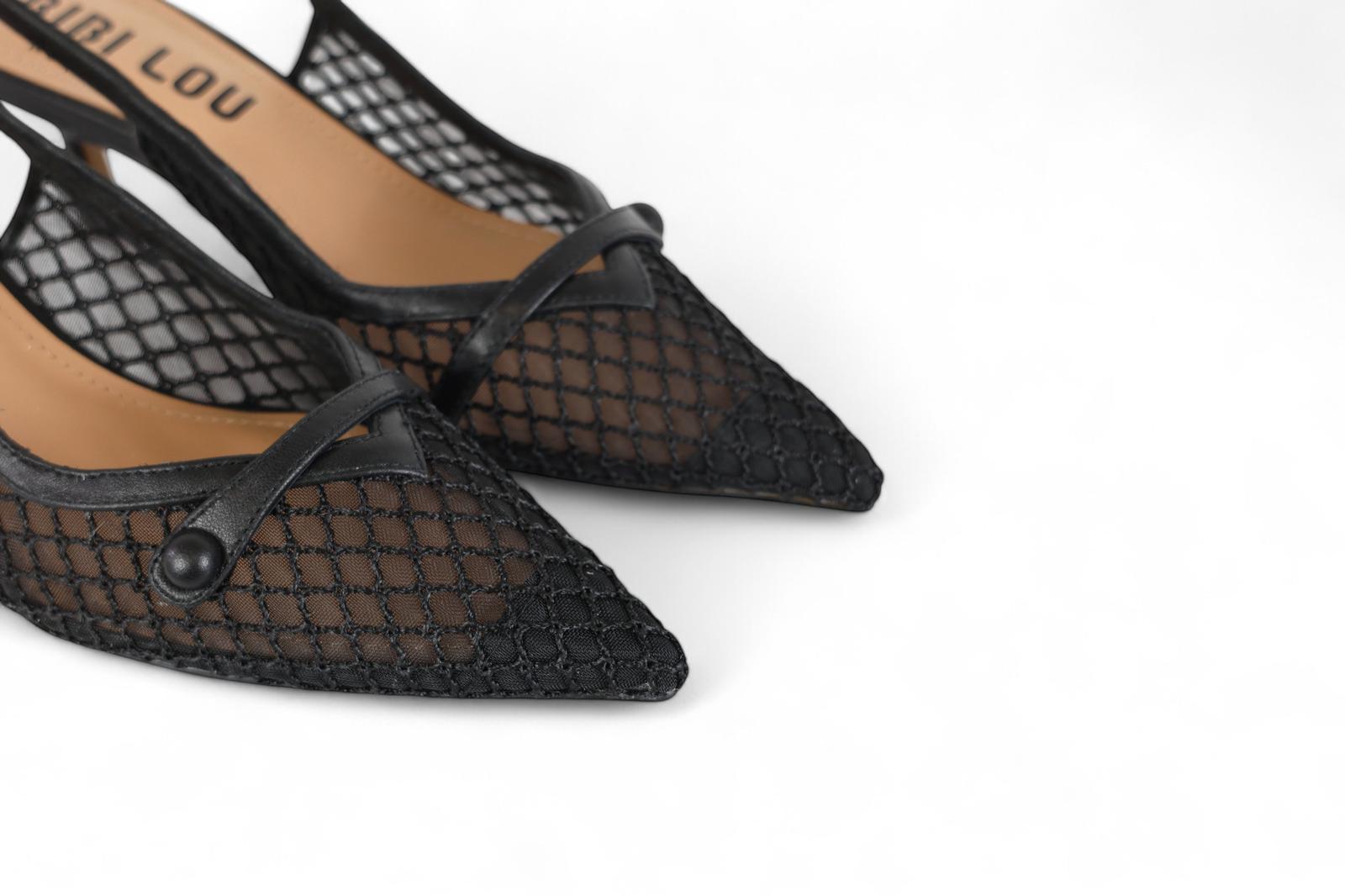 Bibi Lou slingback donna con tacco in rete nera con fibbia in pelle sul davanti