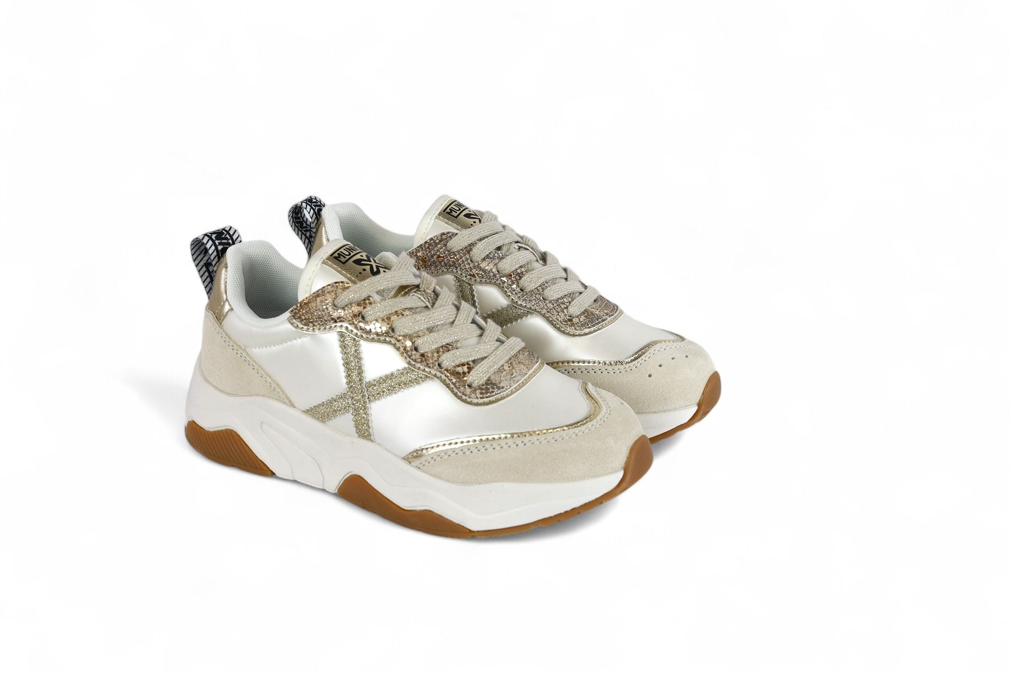 Munich sneaker donna bianco con inserti in suede taupe e glitter oro e pitone