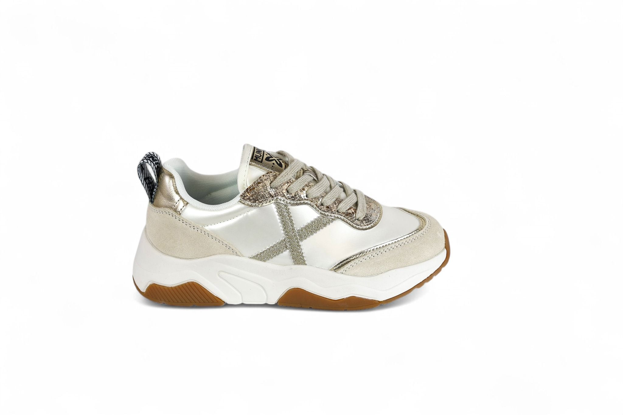 Munich sneaker donna bianco con inserti in suede taupe e glitter oro e pitone