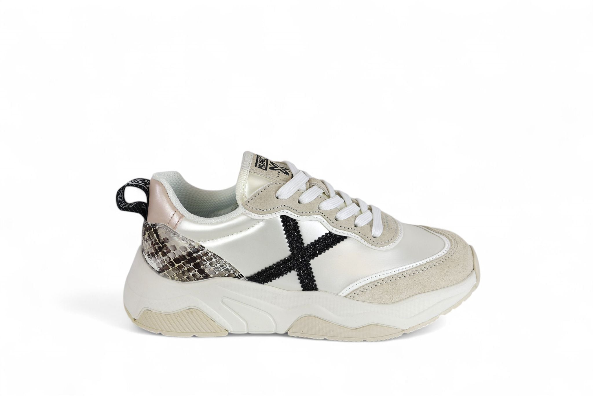 Munich sneaker donna color perla e inserti suede taupe e glitter nero