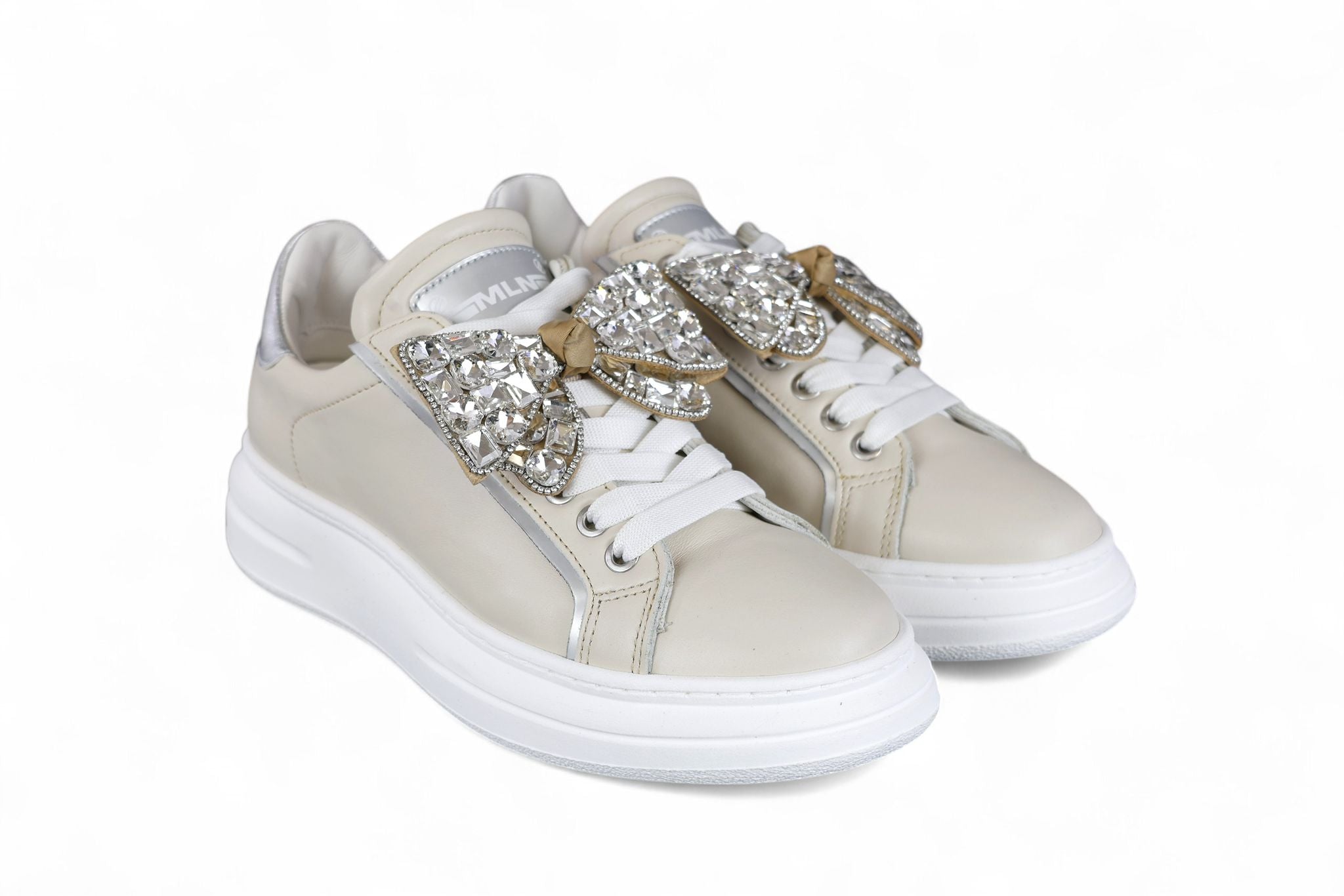 MÉLINÉ sneakers donna in pelle avorio e gonfietto in laminato argento