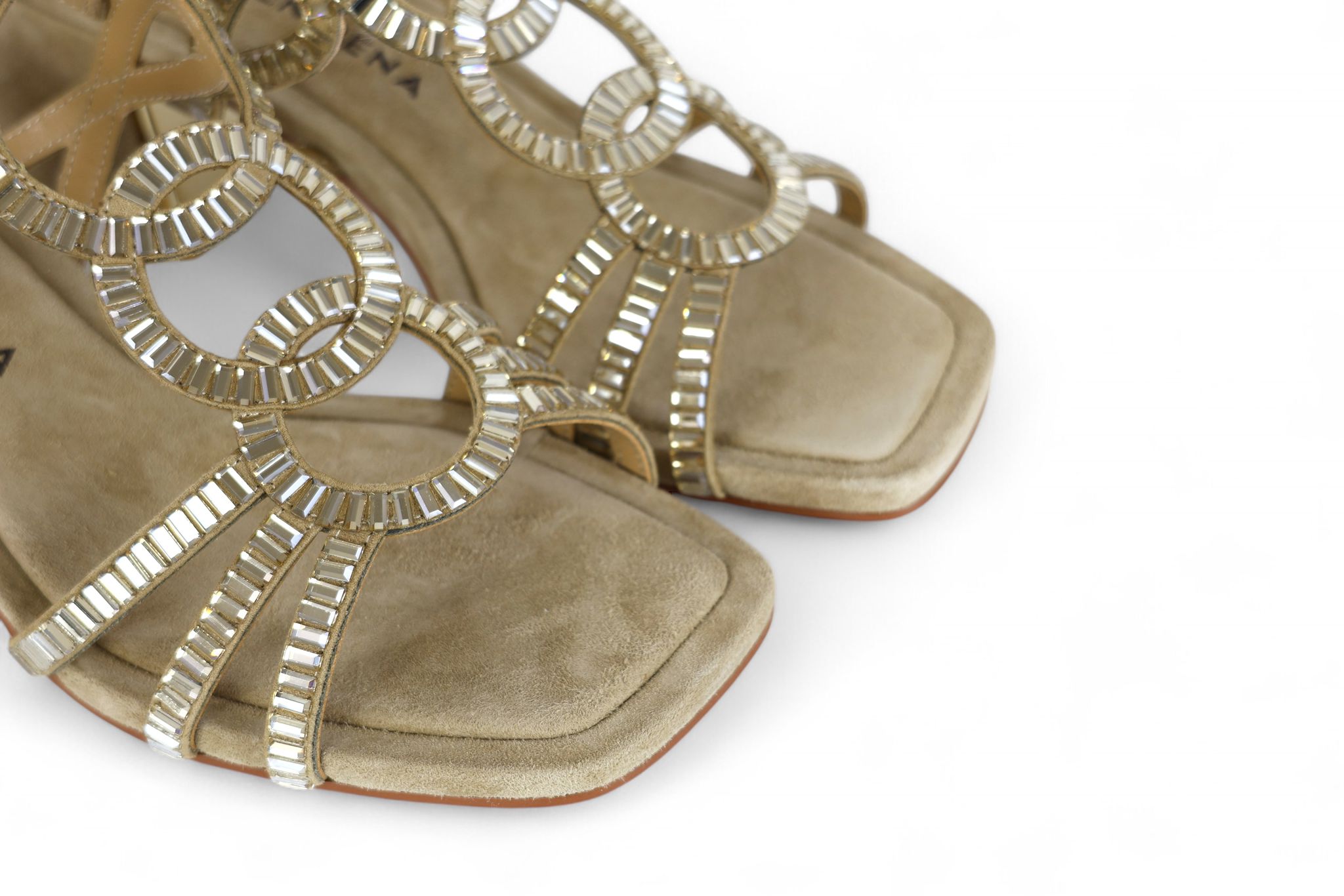 Alma en Pena sandalo donna con tacco in suede sabbia con specchietti