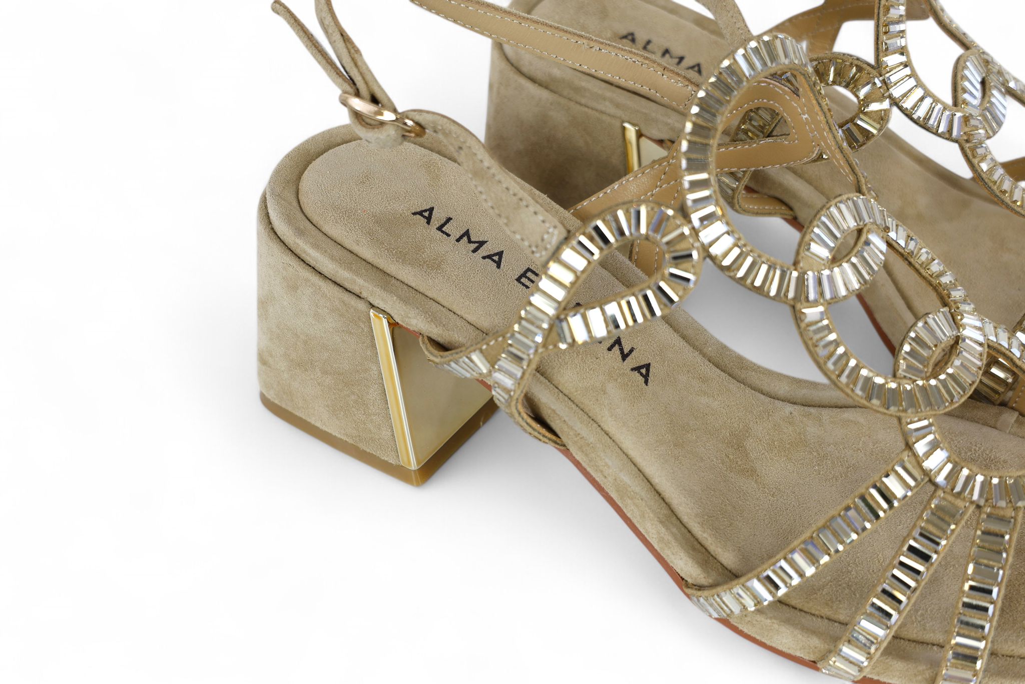 Alma en Pena sandalo donna con tacco in suede sabbia con specchietti