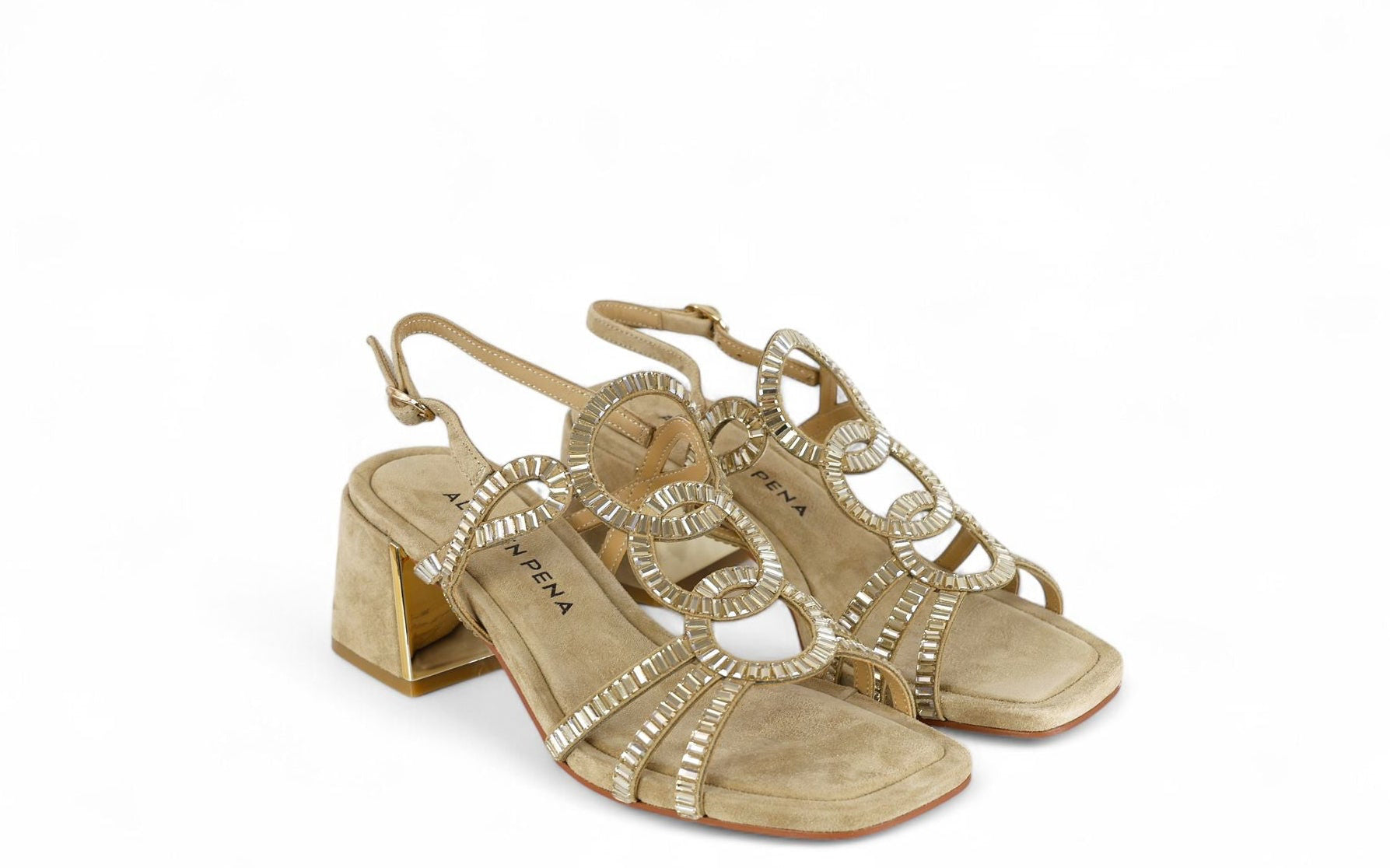 Alma en Pena sandalo donna con tacco in suede sabbia con specchietti