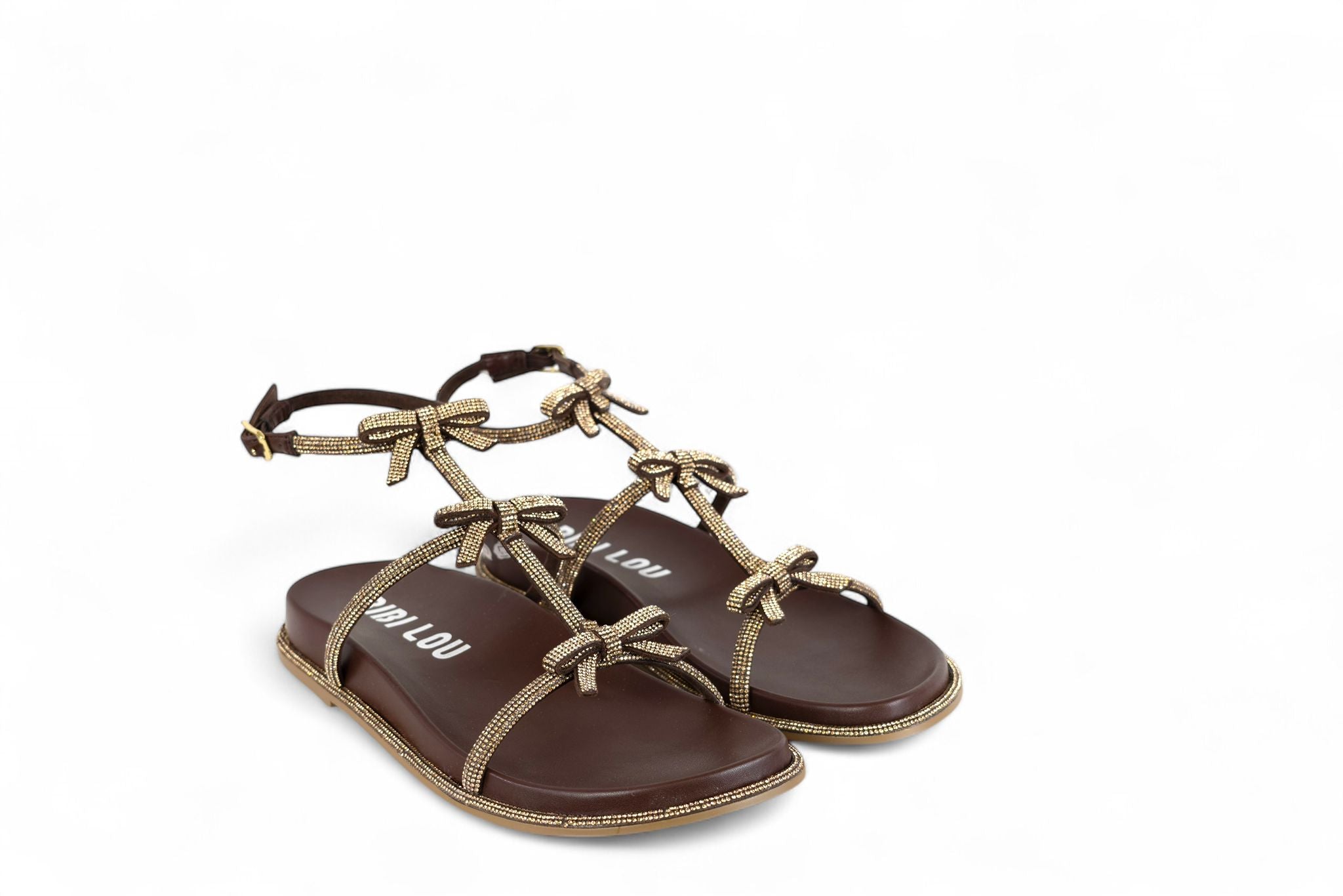 Bibi Lou sandalo donna in ecopelle marrone con fascette e fiocchini strassati