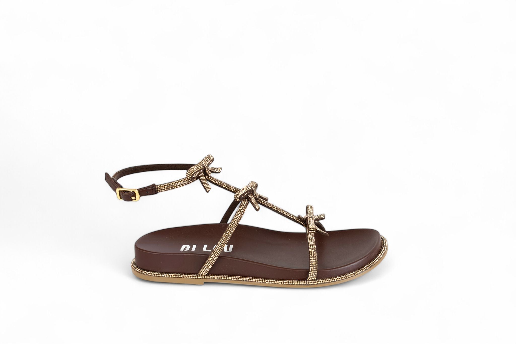 Bibi Lou sandalo donna in ecopelle marrone con fascette e fiocchini strassati