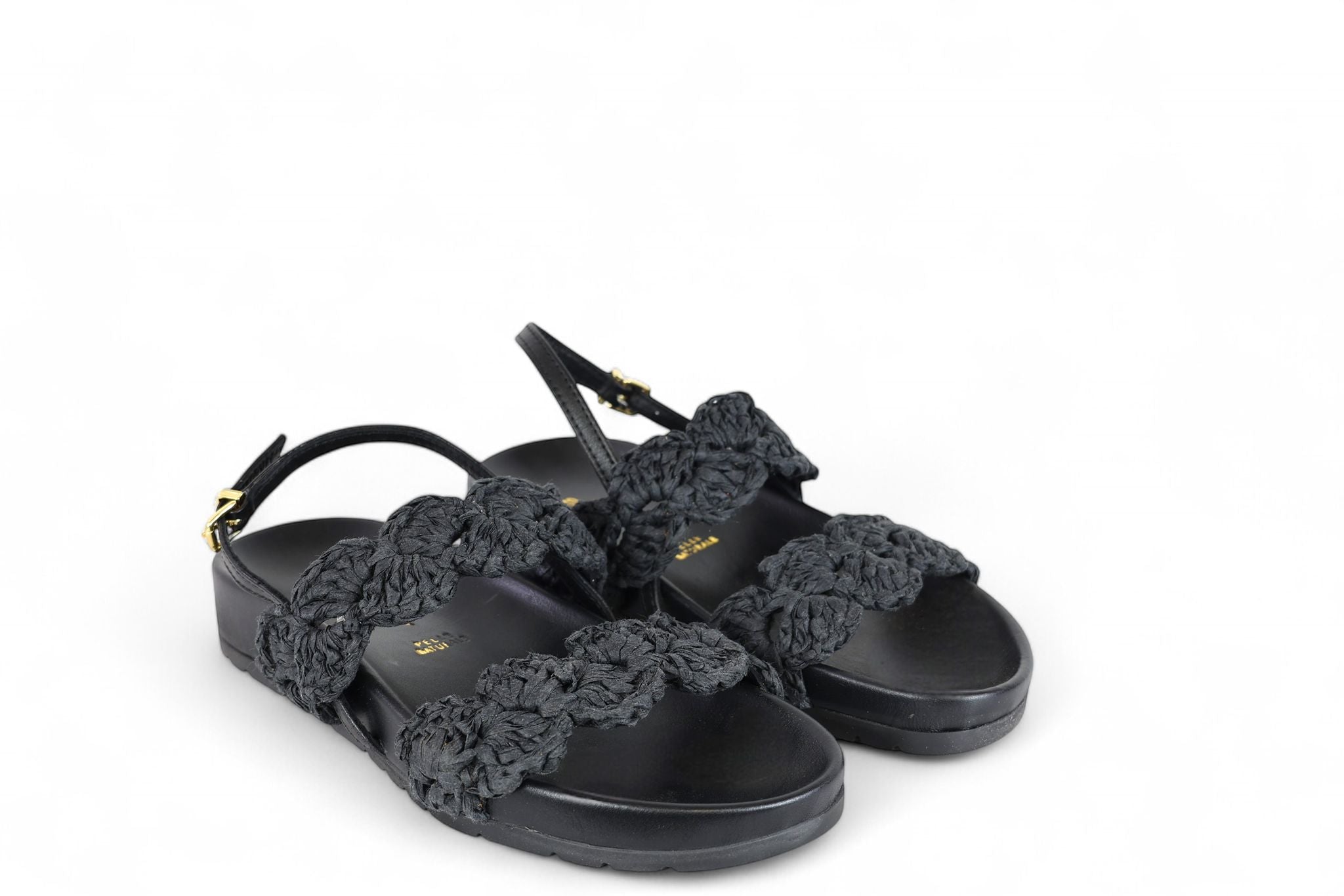 Shaddy sandalo donna fondo fussbet in pelle nera con fasce intrecciate in rafia