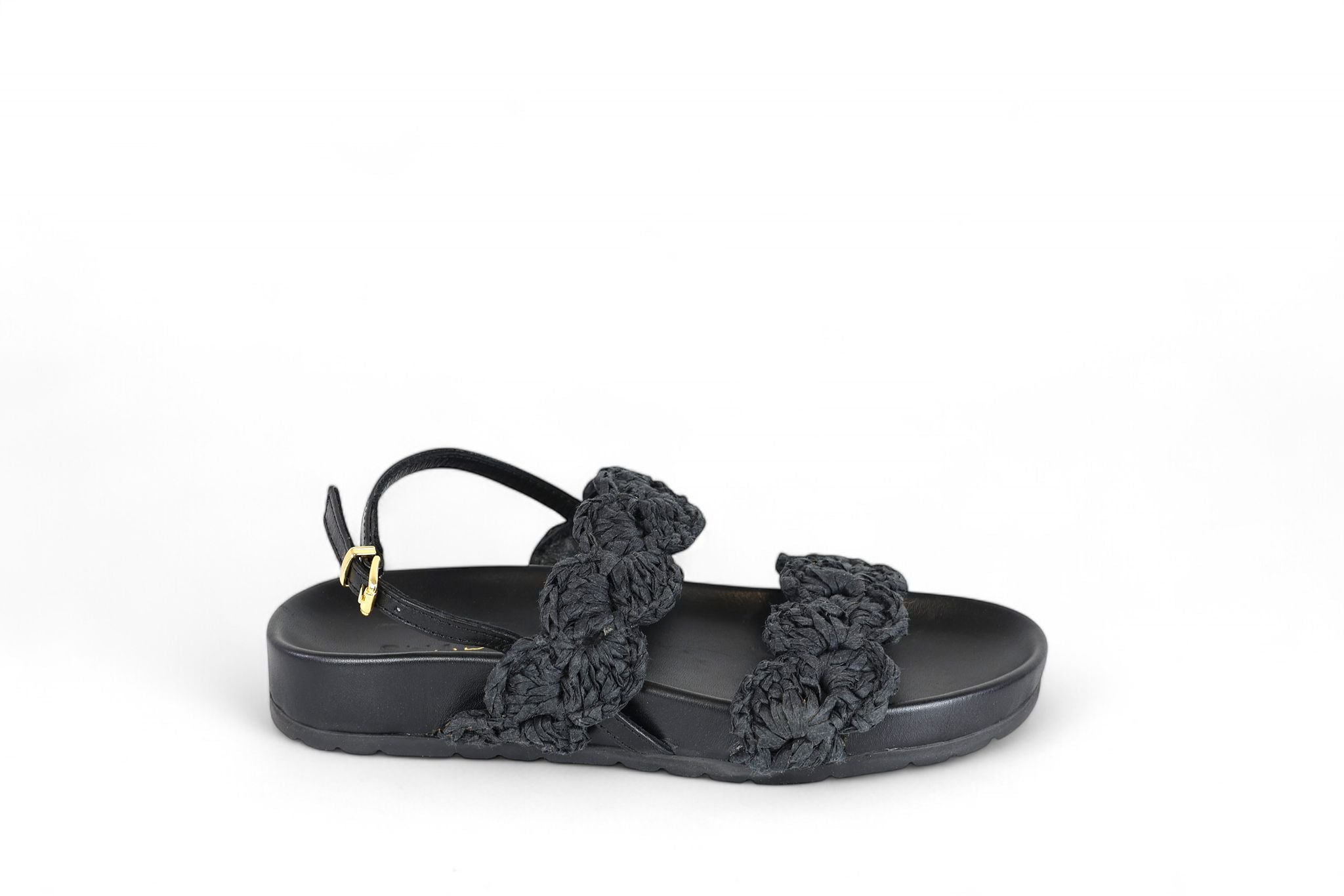 Shaddy sandalo donna fondo fussbet in pelle nera con fasce intrecciate in rafia
