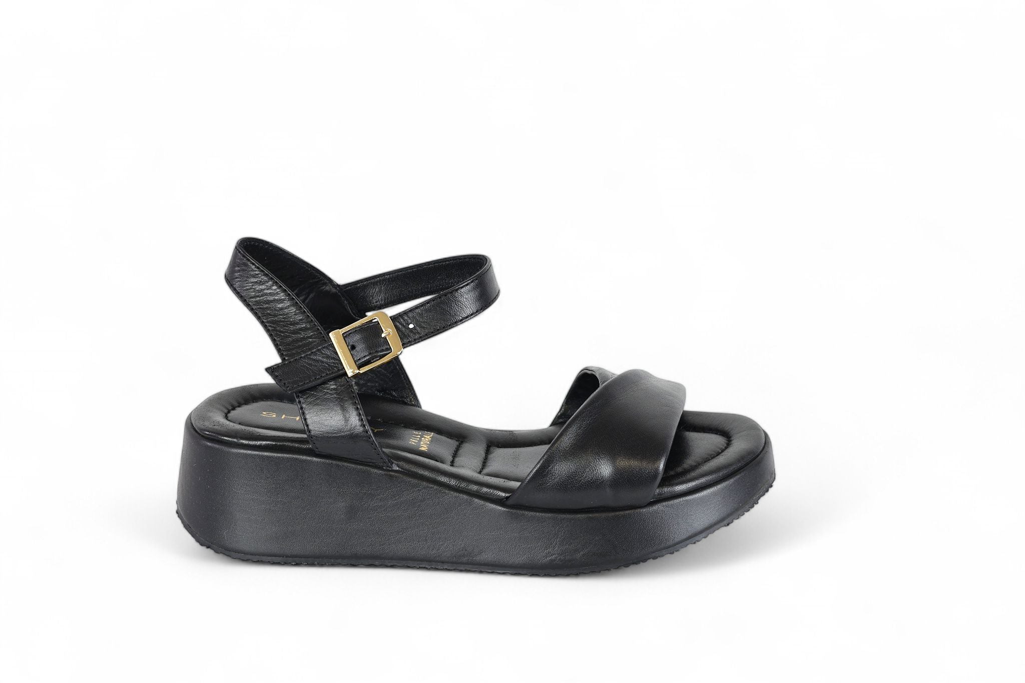 Shaddy sandalo zeppa media donna in pelle nera con fascia incrociata