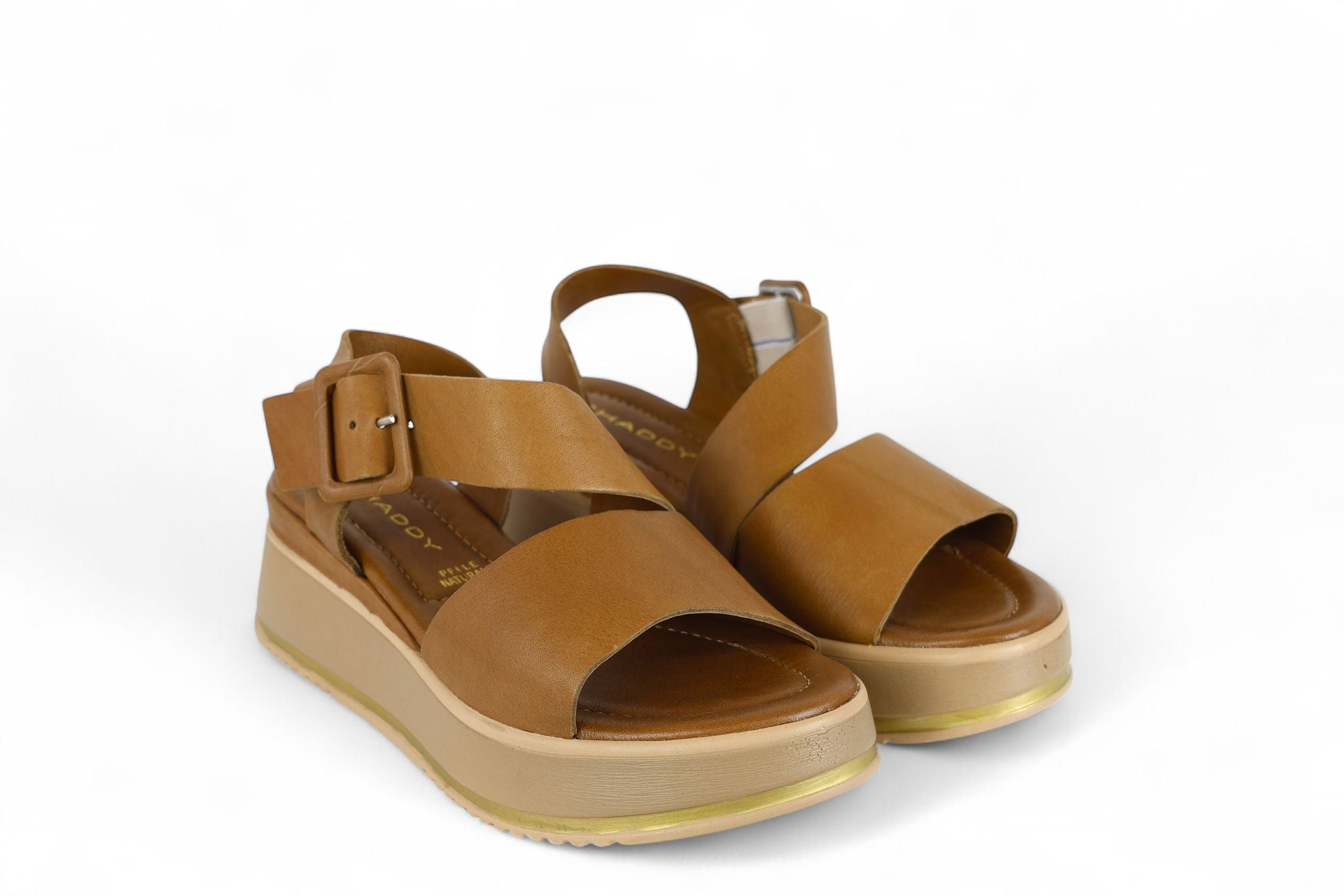 Shaddy sandalo zeppa media donna in pelle cuoio con fascia trasversale