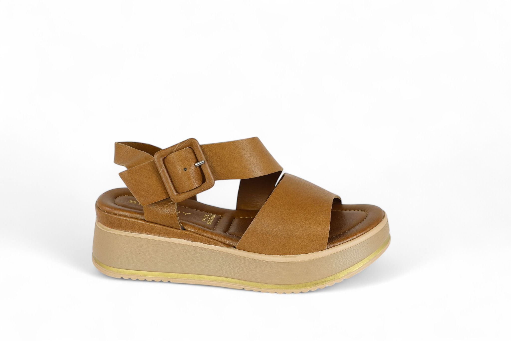 Shaddy sandalo zeppa media donna in pelle cuoio con fascia trasversale