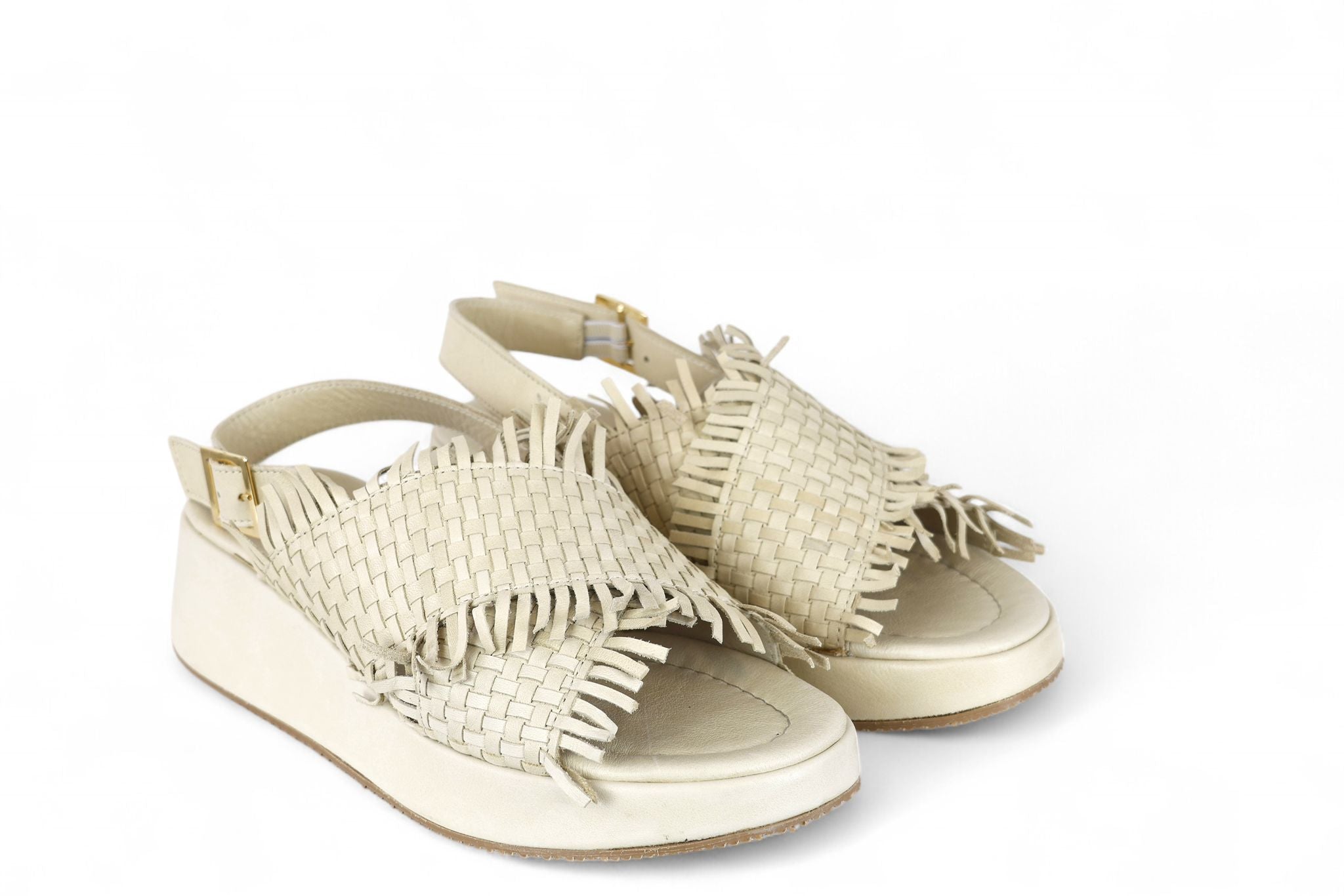 Shaddy sandalo zeppa donna in pelle intracciata sfrangiata beige