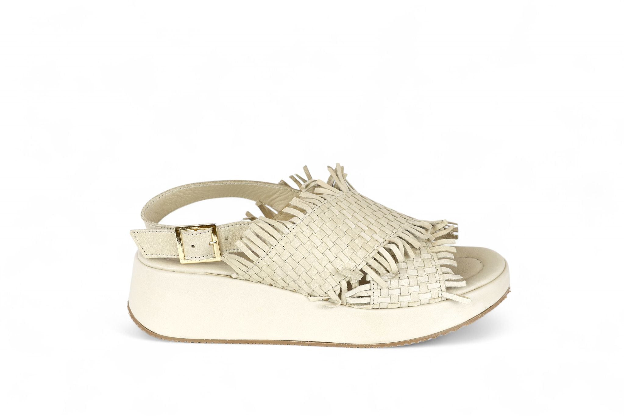 Shaddy sandalo zeppa donna in pelle intracciata sfrangiata beige