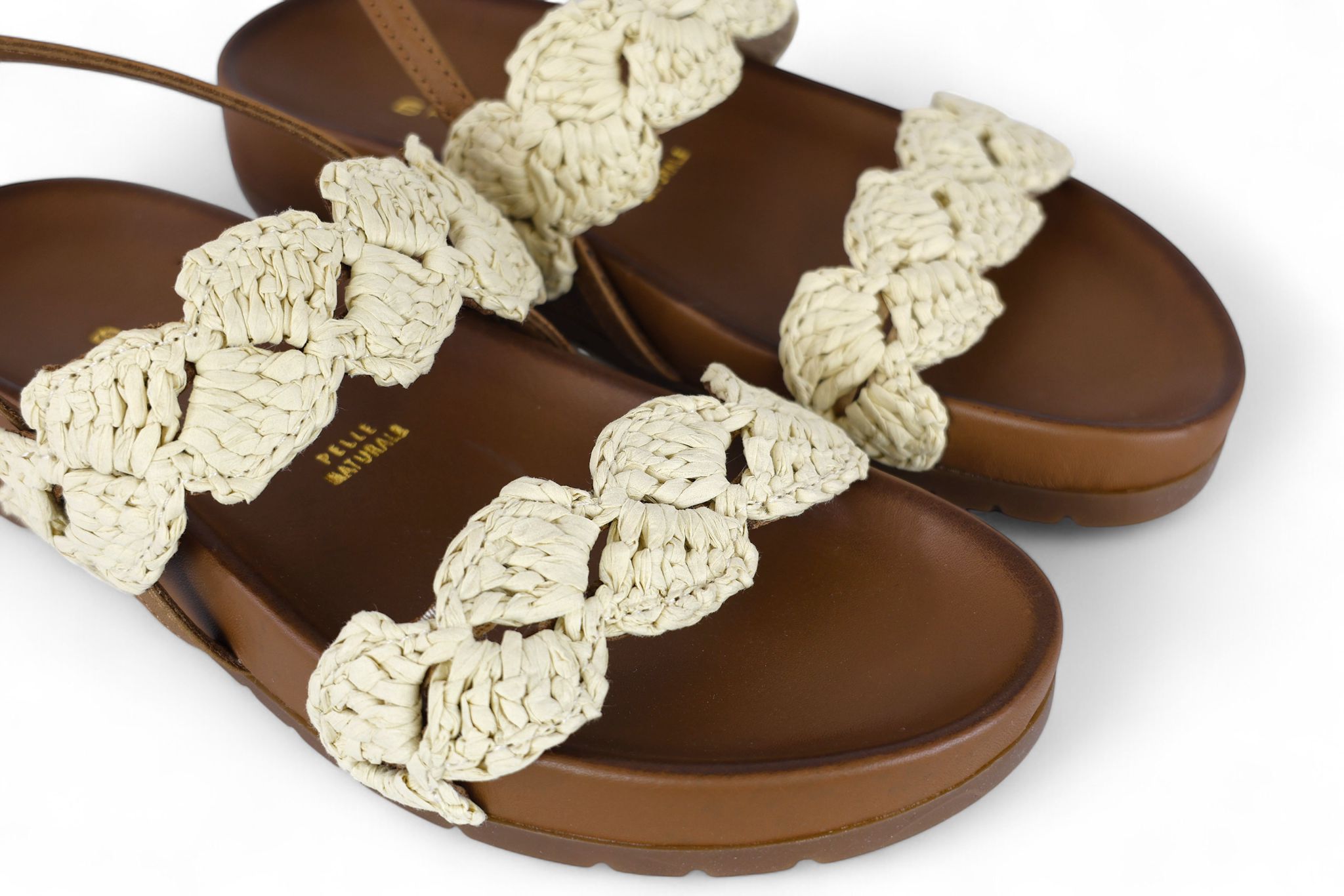 Shaddy sandalo donna in pelle nocciola con fasce intrecciate in rafia beige