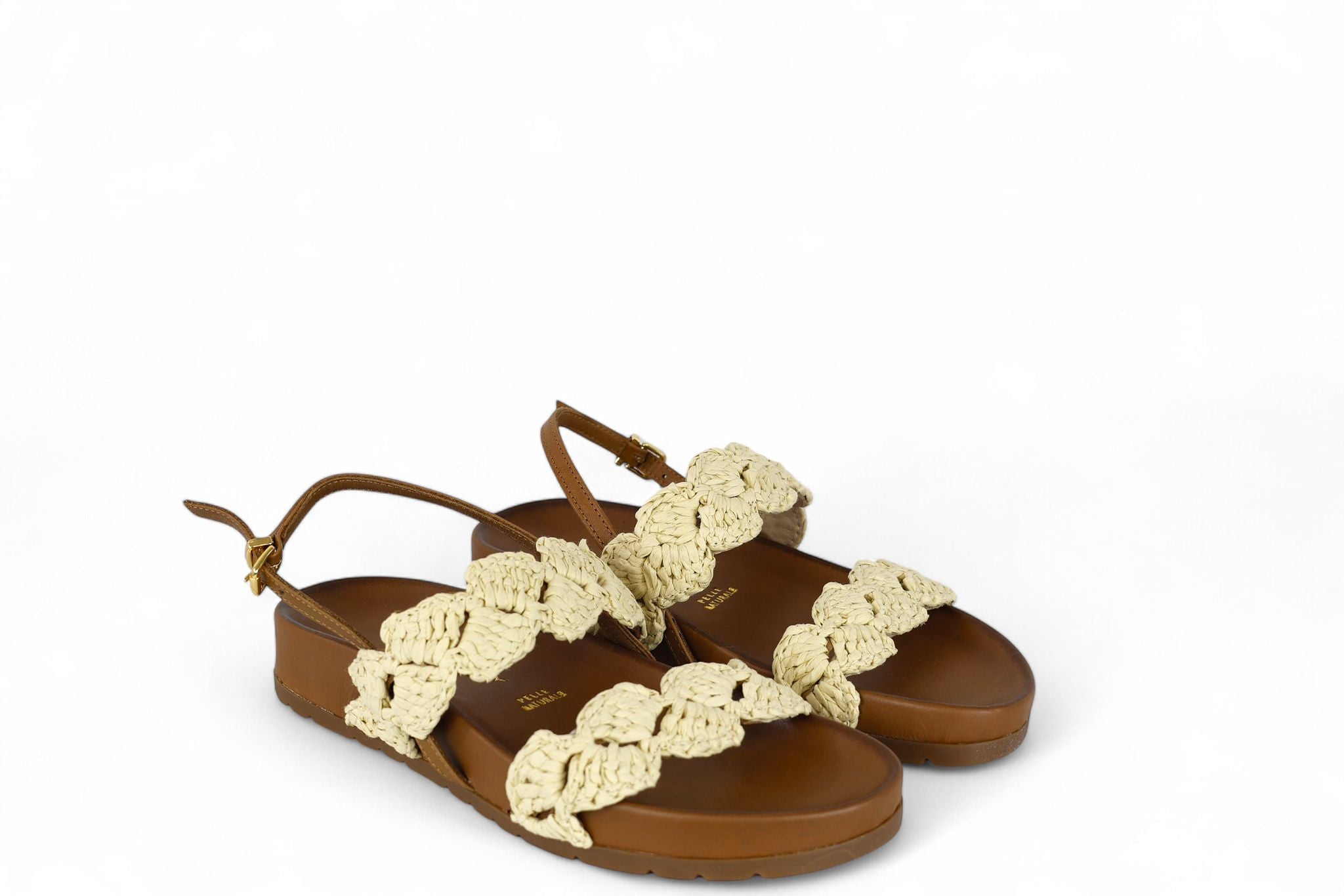 Shaddy sandalo donna in pelle nocciola con fasce intrecciate in rafia beige