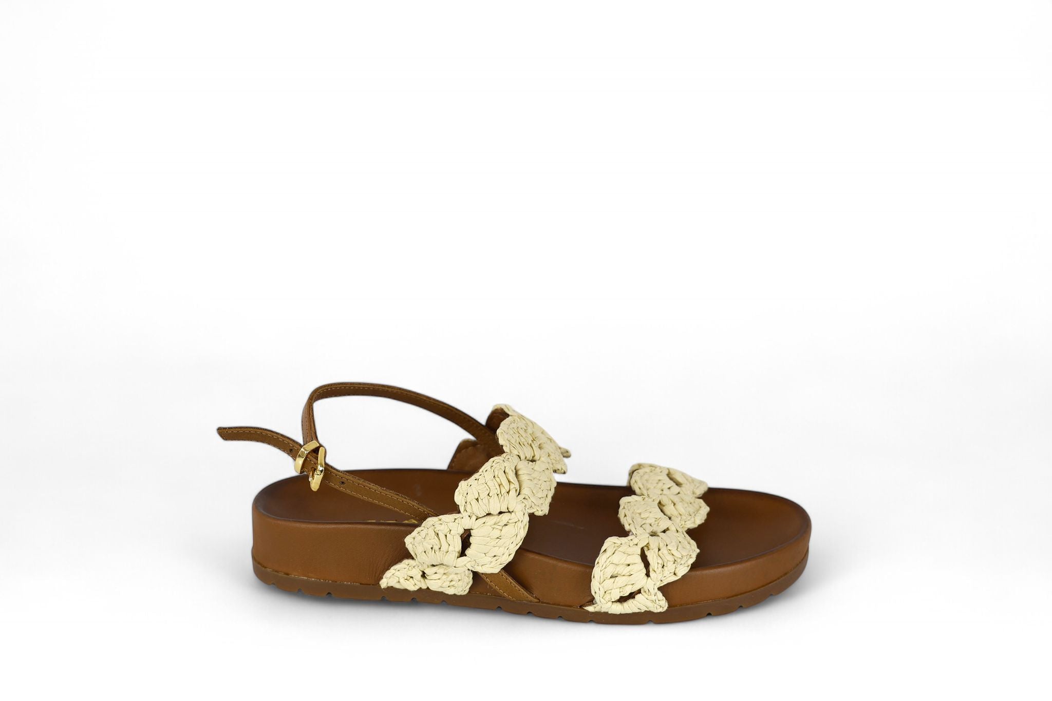 Shaddy sandalo donna in pelle nocciola con fasce intrecciate in rafia beige