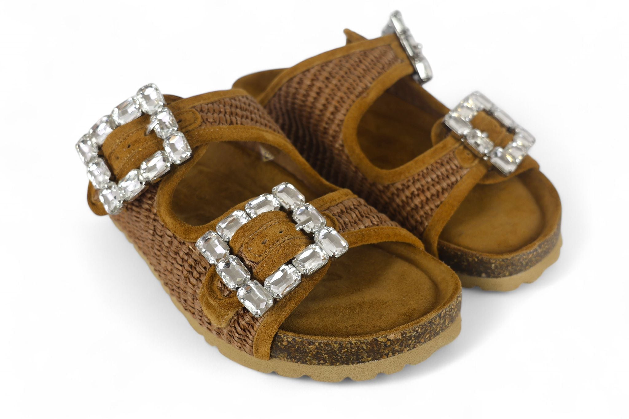 Verderosmarino ciabatta intrecciata color cuoio con fibbie strass