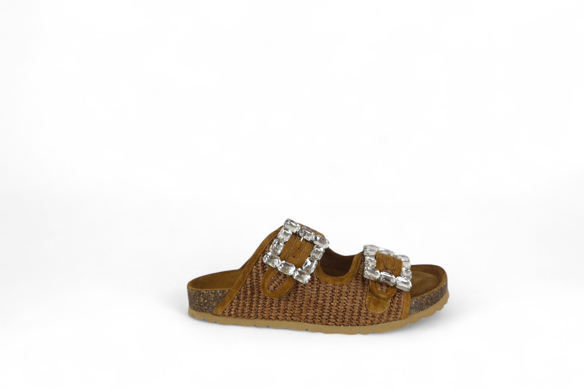 Verderosmarino ciabatta intrecciata color cuoio con fibbie strass