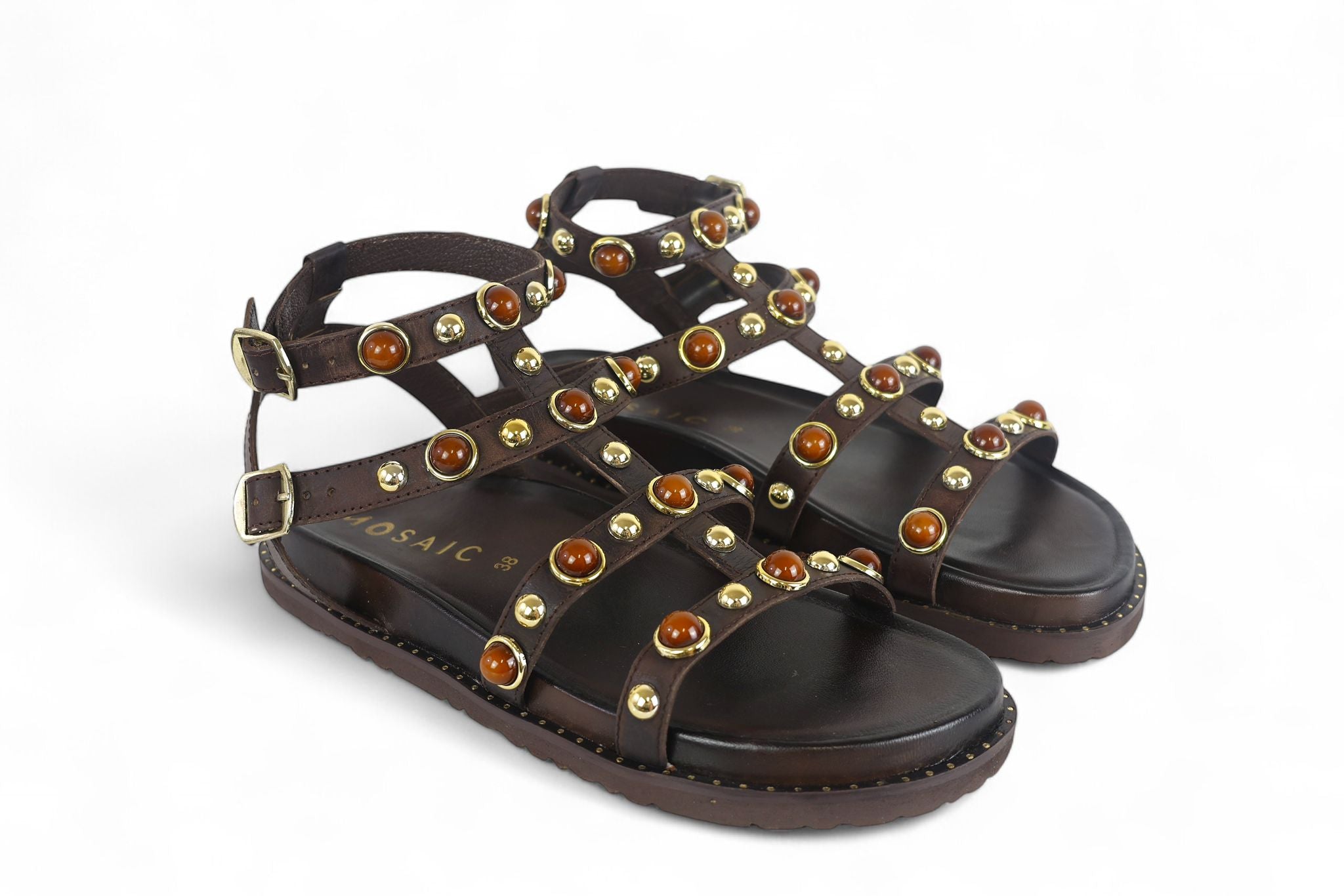 Mosaic sandalo donna in pelle t.di moro con borchie oro e marroni