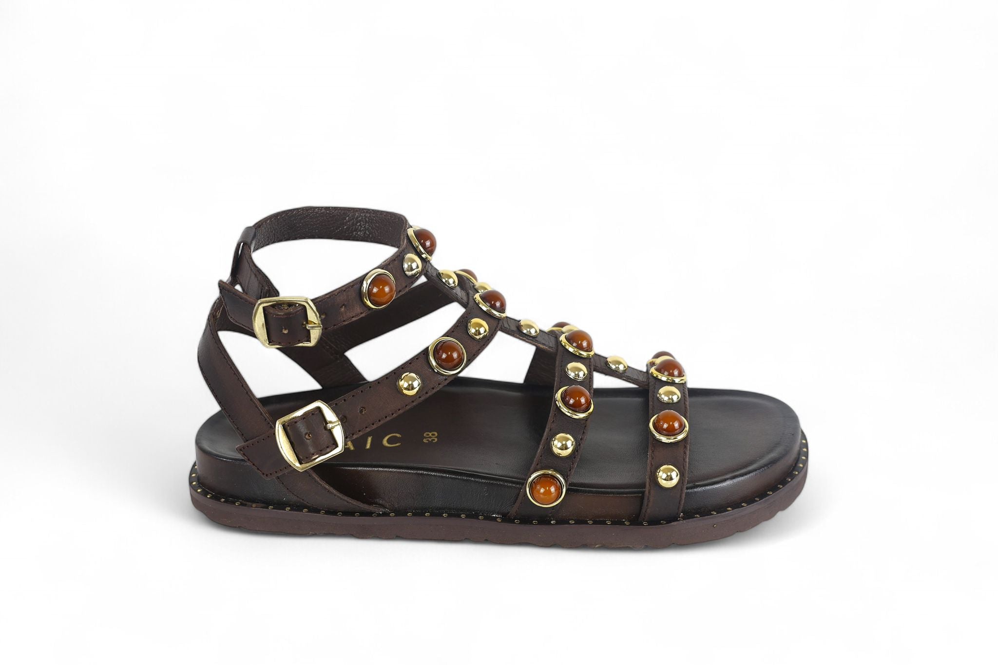 Mosaic sandalo donna in pelle t.di moro con borchie oro e marroni